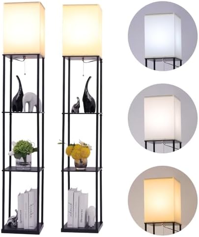 Gupuzm Floor Lamp with Shelves, Modern Square Standing Lamp with 3 Color Temperature Bulb, Corner Display Bookshelf Lamp for Living Room, Bedroom and Office (Black-2 Pack)