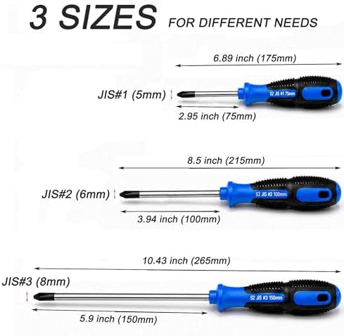 JIS Screwdriver Set 3PCS (#1#2#3), Long Reach Magnetic Precision Screwdrivers for Japanese Screws, S2 Steel, JIS Standard, for Motorcycle, Bicycle & Auto Repair
