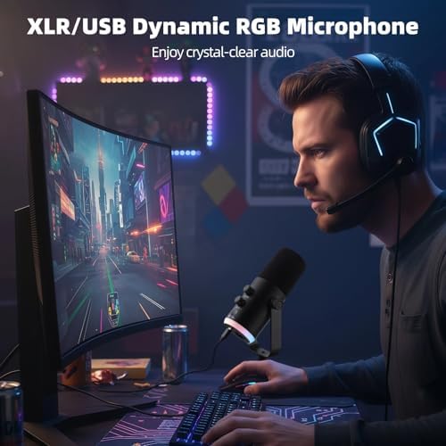 OMISTAR XLR/USB Dynamic RGB Microphone, PC Microphone with Noise Reduction, Volume Control, Mute Function, Metal Build, Easy-Mount Base for Gaming, Recording, Streaming