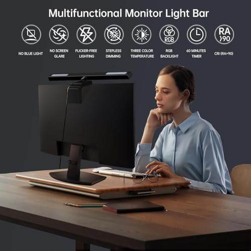 16" Flat Monitor Light Bar with RGB Backlight & 60-Min Timer, 3000-6000K Stepless Dimming, 0.3-0.8" Clamp for Office/Gaming, USB-C Eye Care Desk Lamp (Touch Control/Blue Light Filter)