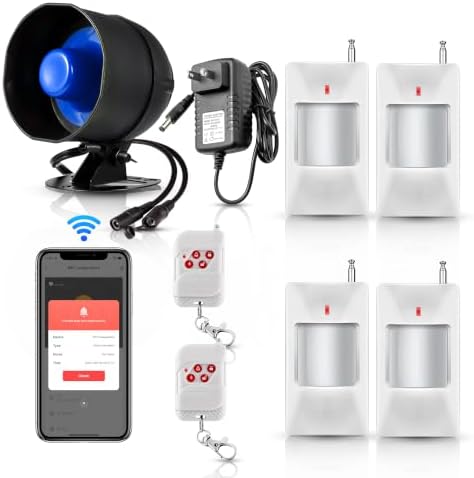 WiFi Alarm Home Security System, Wireless Alarm System with Loud 120dB Motion Sensor Siren, Window Door Alarms Sensor, Remote Control for Shed Garage(SetD)