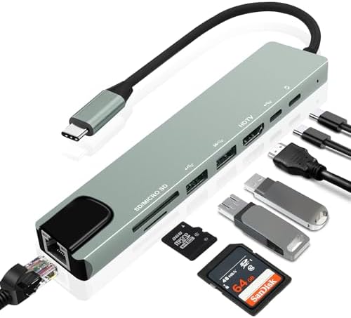 8-in-1 USB-C Hub, Multi-Port Adapter for Laptops, 4K@60Hz HDMI, 85W Power Delivery, 3X USB-A 3.0 & USB-C Data Ports, SD/TF Card Reader, for Type-C Devices (Charger Not Included)