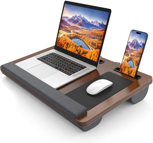 HETTHI Laptop Lap Desk, Portable Large Laptop Desk for Bed, Up to 17 Inch Lap Pad Tray with Wrist Rest, Mouse Pad, Tablet Phone Slot, Portable Handle, Cushion (Black)