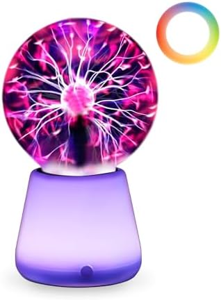 Plasma Ball Lamp 3-Inch, Touch Reactive Lightning Globe, USB-C Powered Electric Plasma Ball, 7-Color LED Base Night Light, Interactive STEM Science Toy, Desk Decor Gift