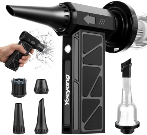 Compressed Air Duster, Industry-First O-Shaped Air Duct 13-Blade Dual-Layer | 4 Gear 6-in-1 Cordless Electric Mini Blower, Vacuum & Inflator, LED Light & Window Breaker for PC, Car, Home, Outdoor