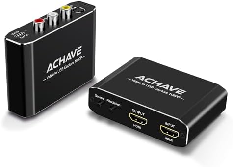 ACHAVE Video to USB Audio Video Capture with HDMI Output,VHS to Digital Converter-Input HDMI, AV, RCA, S-Video, VCR, VHS, Camcorder, Video8, Hi8, DVD, Gaming Systems - USB-C Plug & Play