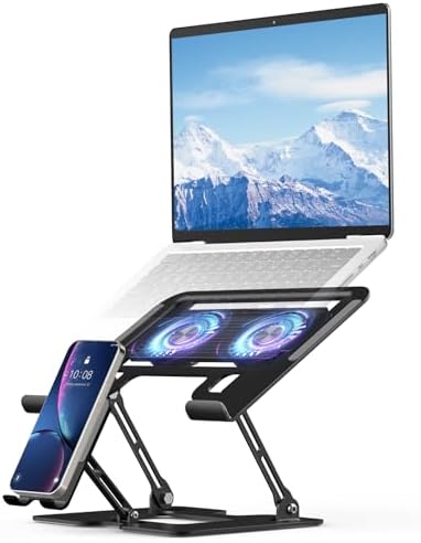 Laptop Cooling Stand with Detachable Fan,2-IN-1 Laptop Stand with Phone Holder and Silent Fans,Adjustable Height and Angle,Carbon Steel Framework,Laptop Cooling Pad for up to 16”Laptop (Black)