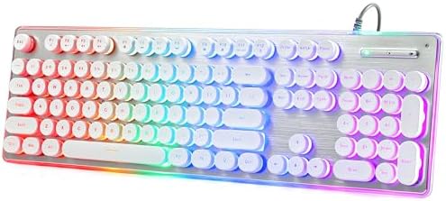 Typewriter Style Keyboard with Metal Panel, Rainbow LED Backlit, Round Keys, Anti-ghosting, Spill Resistant, Light Up USB Wired Retro 104 Keys for Office/Gaming, White/Silver
