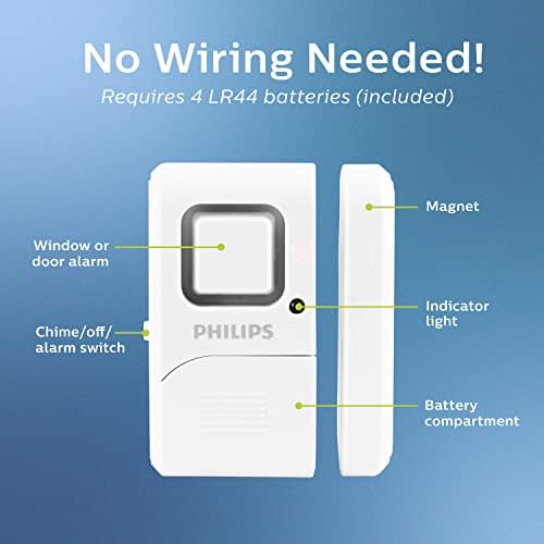 Philips Personal Security Window and Door Alarm, 4 Pack, Wireless Chime | DIY Protection, Burglar Alert, Easy Installation, Ideal for Home, Garage, Apartment, RV and More, LRM3320W/27