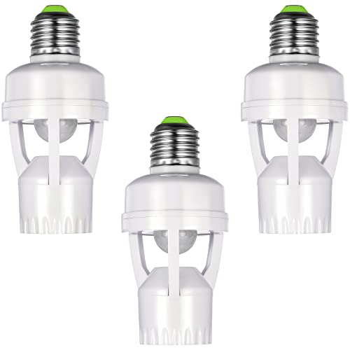 Hortsun 3 Pcs Motion Sensor Light Socket Smart Screw in Light Bulb Outlet Compatible with E26/e27 Motion Activated Bulb Holder Adapter Automatic Control for Porch Garage Storage Room (White)