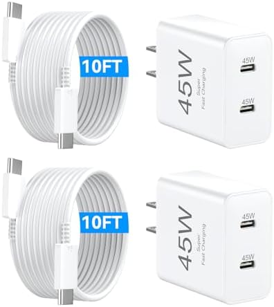USB C iPhone Fast Charger,45W USBC Type C Charger with Long 10 FT USB C Fast Charging Cable Cord, Dual USB C Phone Charger Block for iPhone 17 Pro Max/17 Pro/Air/17/16/16 ProMax/Plus/S24/S25/S26