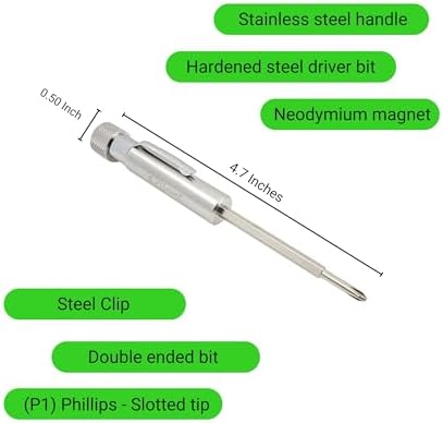 Pocket Screwdriver with Clip and Magnet - Phillips and Slotted-Flat Head - Small Tool with Magnetic Tip (Stainless Steel)