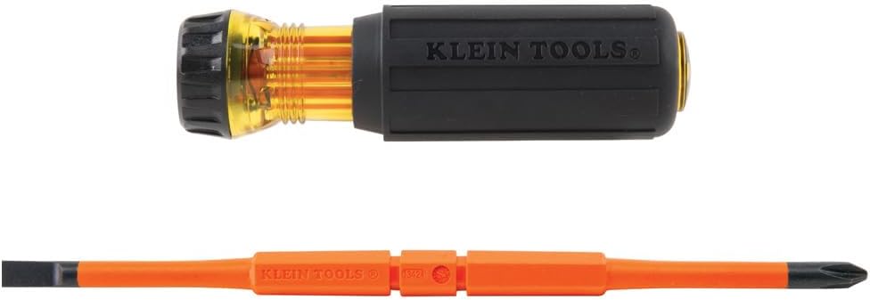 Klein Tools 32293 Insulated Screwdriver, 2-in-1 Screwdriver Set with Flip Blade, #2 Phillips and1/4-Inch Slotted Tips, Double-Ended Blades