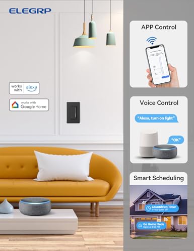 ELEGRP Smart Dimmer Light Switch DTR10, Single Pole Setup, 2.4GHz Wi-Fi Touch Dimmer Compatible with Alexa/Google Assistant, Needs Neutral Wire, No Hub Required, UL Listed, Matte Black, 2 Pack