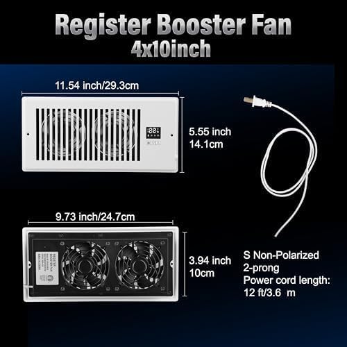 Xcity 4"x10" Quiet Register Booster Fan, Smart Vent Fan with Remote Control, Temperature Display and LED Display, 10‑Speed Air Booster Fan for HVAC Heating and Cooling, White