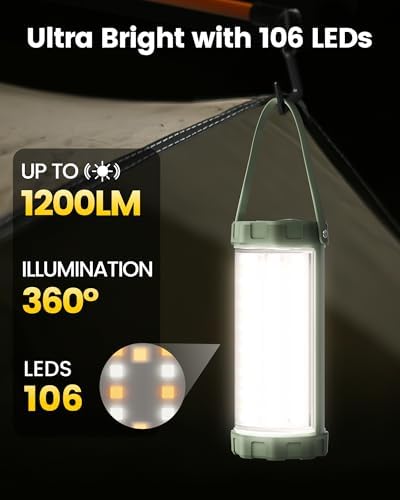 Glocusent 106 LED Camping Lights, 5000mAh Rechargeable Lantern for Outages | 5 Brightness 3 Modes & SOS, Lasts 80hrs, IP68 Waterproof, Max 1200LM, 5000mAh Lanterns, Hiking, Emergency Camping Essentials
