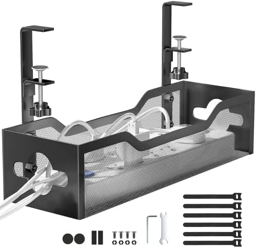 Under Desk Cable Management Tray No Drill, Metal Mesh Cable Management Under Desk with Clamp Mount, 2 Hole Cable Tray with Wire Management and Cord Organizer for Home Office Standing Desk