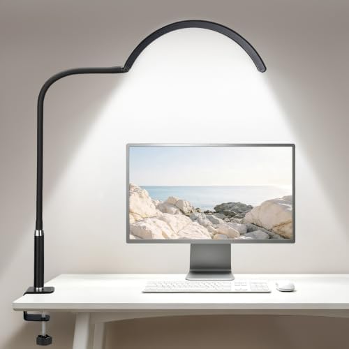 Half Moon LED Desk Lamp with Clamp, Dimmable Eye-Caring Light with 3 Color Modes and Flexible Gooseneck, Shadow-Reducing Clip-On Lamp for Home Office, Study, Reading and Workbench