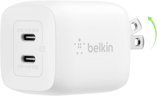 Belkin 45W Dual GaN USB C Charger Block, Fast Charging for Travel | PD 3.0 PPS Fast Charging, Samsung Galaxy S25, iPhone 17, Air, Pro, Pro Max, iPad, MacBook, Switch 2