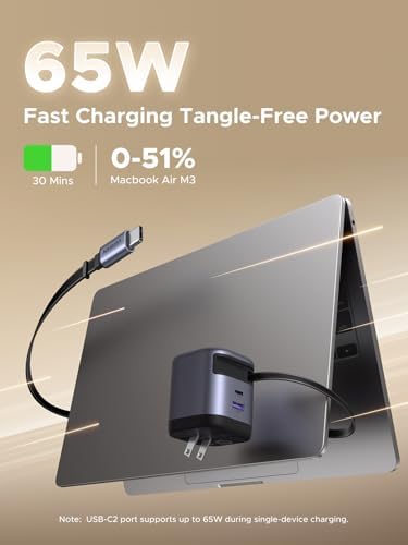UGREEN Nexode 65W GaN USB C Retractable Charger with Built-in Cable, 2-Port Fast Charging Wall Adapter for iPhone 17/16/15, Galaxy S26/S25/S24, Pixel 10/9/8, MacBook Pro/Air/Neo, iPad, AirPods