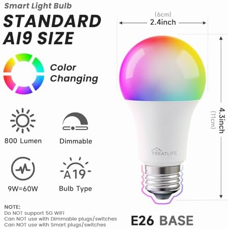 TREATLIFE Smart Light Bulbs 4 Pack, 2.4GHz Color Changing Light Bulb, Works with Alexa Google Home, A19 E26 Dimmable LED Light Bulb 9W 800 Lumen for Party Decoration, Smart Home Lighting