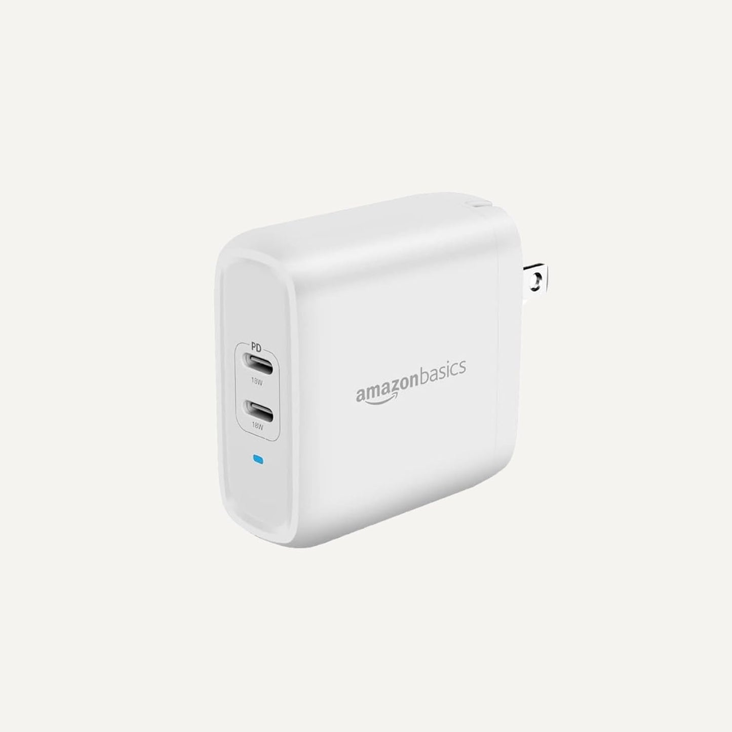 Amazon Basics 36W Dual Port USB-C Wall Charger with Power Delivery, Foldable Plug, for Tablets and Phones, Apple Watch, White, 2.34 x 1.09 x 2.21 in (PD36U-2TNB)