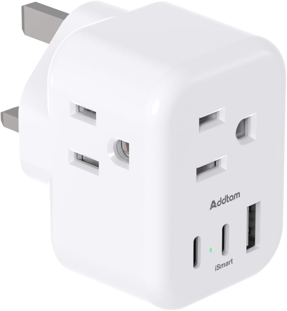 Addtam US to UK Ireland Travel Plug Adapter, Type G Power Plug Adapter with 3 Outlets 3 USB Ports(2 USB C), UK Adapters for Travel for USA to Dubai England London Scotland British Kenya Irish Hongkong