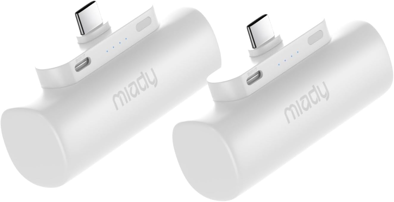 Miady 2-Pack Mini Portable Charger Built-in USB C Connector Small PowerBank | 5000mAh丨Lightweight丨for Backpack Travel丨Compatible with iPhone 17 Galaxy Android丨Ultra-Compact丨Flight-Safe丨18Wh丨White+White