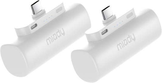 Miady 2-Pack Mini Portable Charger Built-in USB C Connector Small PowerBank | 5000mAh丨Lightweight丨for Backpack Travel丨Compatible with iPhone 17 Galaxy Android丨Ultra-Compact丨Flight-Safe丨18Wh丨White+White