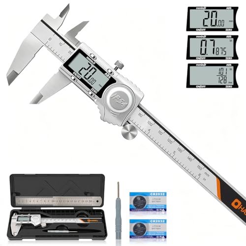 HARDELL Digital Caliper, IP54 Calipers with ABS Function, All-Metal Digital Micrometer Auto-Off, 6 Inch Micrometer Caliper Digital, Inch/MM/Fraction for 3D Printing & DIY (2 Spare Batteries)