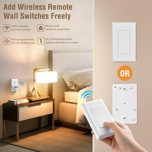 SURAIELEC Wireless Light Switch Remote Control Outlet, No Wiring Needed, 100 FT Range, Pre-Programmed, Remote Outlet Wall Switch for Plug in Pendant Light, Lamp, Christmas Tree, Holiday Decorations
