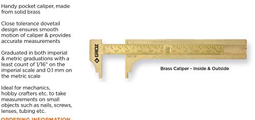Groz 01304 4-Inch Pocket Brass Caliper, Inside & Outside Measurements, Non-Magnetic, Dual Imperial/Metric Graduations for Mechanics, Hobbyists, EDC