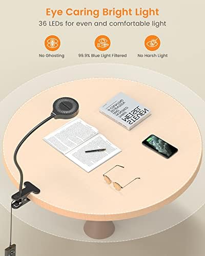 Glocusent 5W Clip on Light, 3 Colors & 5 Brightness Reading Light for Bed | Flexible Gooseneck Clip on Lamp, 30-Min Timer, Reading Lamp, Perfect Desk Lamp for Dorm,Bunk,Bed,Headboard,Table,Work,Craft