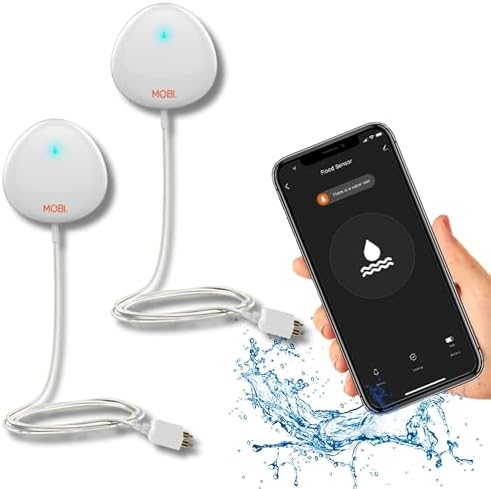 MOBI Smart WiFi Water Leak Detector Sensor (2 Pack), App Alerts, Flood & Leak Alarm, 48” Extension Probe, No Hub Required, 24/7 Monitoring for Basement, Kitchen, Bathroom