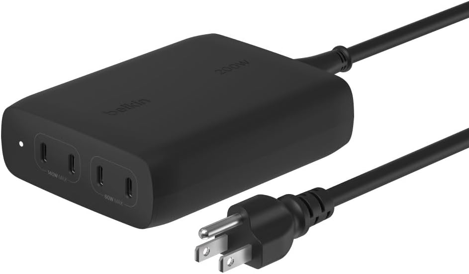 Belkin 200W 4-Port GaN USB C Charger Block, Fast Charging for MacBook | Multi-Port PD 3.1 Charger, 5ft Power Cord, iPhone 17, Air, iPad, Samsung Galaxy S26, Google Pixel 10