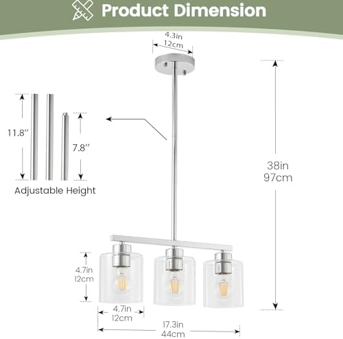 3-Light Silver Kitchen Island Lighting, Silver Pendant Light Fixture, Farmhouse Dining Room Light Fixtures Over Table, Modern Hanging Light Fixtures with Clear Glass, E26 Base