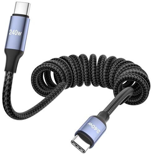ROADRESS 240W USB C to USB C Cable Coiled, Braided Type C Charger for Car | 240W Fast Charging Cord Compatible with iPhone 17 16 15, iPad, Samsung Galaxy, Google Pixel, Moto, LG, TCL Phones