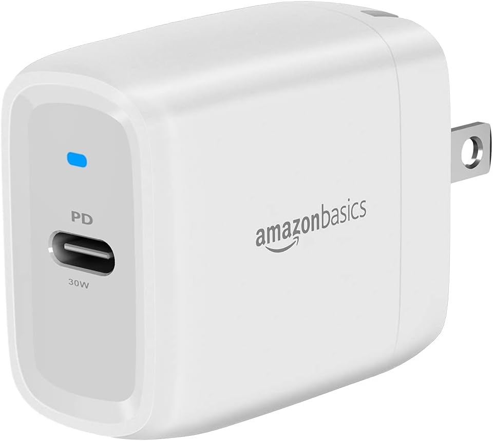 Amazon Basics 30W One-Port GaN USB-C Wall Charger with Power Delivery PD for Tablets & Phones (iPhone 16/15/14/13/12/11/X, iPad, Samsung, More), Non-PPS, White