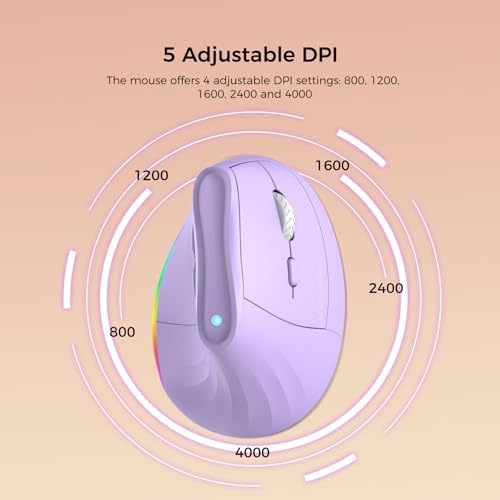 KYSONA 57° Wireless Ergonomic Mouse, Vertical Mouse, Carpal Tunnel Mouse, RGB Light, Rechargeable, Bluetooth & 2.4G, 5-level DPI Adjustment, Quiet Click Ergo Mice Compatible with PC/Laptop/Mac, Purple