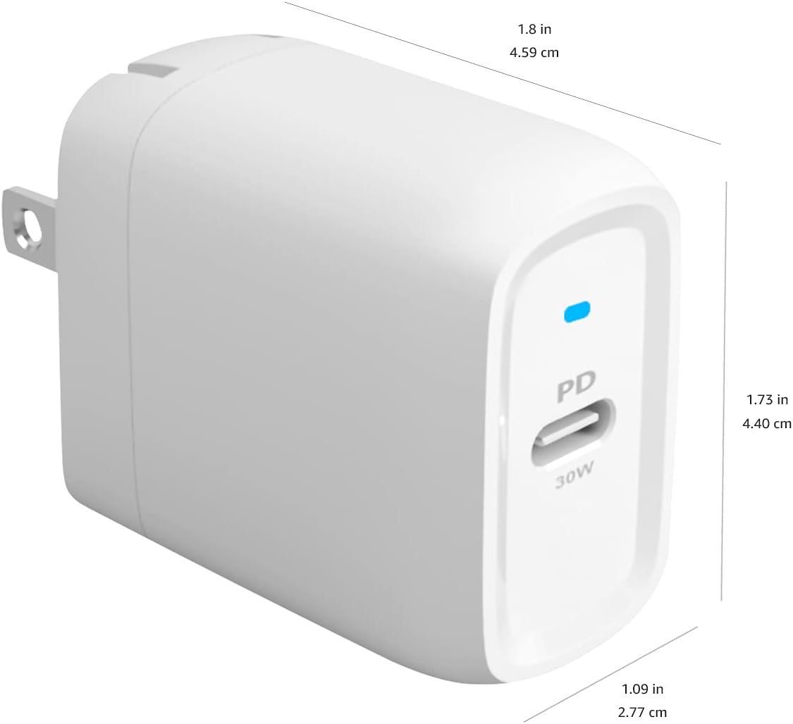 Amazon Basics 30W One-Port GaN USB-C Wall Charger with Power Delivery PD for Tablets & Phones (iPhone 16/15/14/13/12/11/X, iPad, Samsung, More), Non-PPS, White