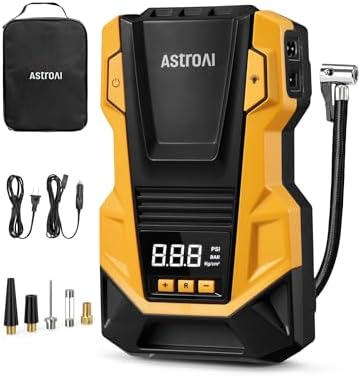AstroAI Tire Inflator Portable Air Compressor, 110V AC/12V DC Dual Power | Electric Air Pump with 150PSI Max Pressure & LED Light, Fast Inflation for Cars, Bikes, Motorcycles, and Inflatables, Yellow