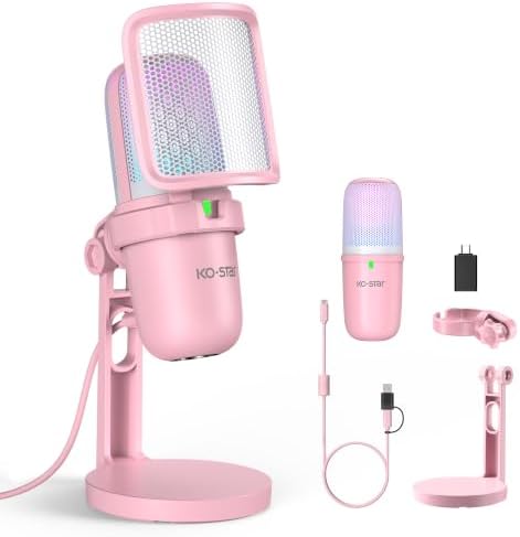RGB USB Microphone, Pink Gaming Mic for PC, PS5, Laptop, Phone, Condenser Mic with Touch Mute, Pop Filter, Cardioid Pickup, Plug &amp; Play for Streaming, Podcast, Recording, Gaming