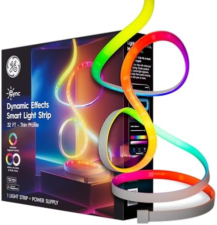 Cync GE Dynamic Effects RGB Smart LED Strip Lights, Music Sync, 32ft | Color changing WiFi strip, music sync, Alexa &amp; Google Home compatible, bedroom ambiance, indoor, 32ft with power supply