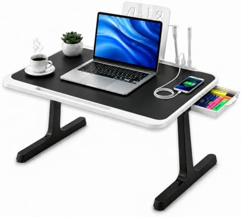 USB-C LED Light Foldable Lap Desk with LED Lamp, Cooling Fan & Book Stand — Portable Bed Laptop Table with Side Drawer, Phone & Tablet Holder, Fast Charging Port