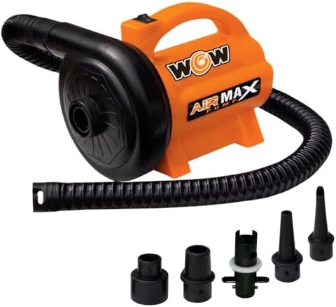 WOW Sports 120V AC Electric Pump - 600 L/min Air Inflator - 5 Adapters | A 120V AC air pump for towables, pool floats, and air mattresses. 600 L/min; adapters for Boston, pinch, and standard valves.