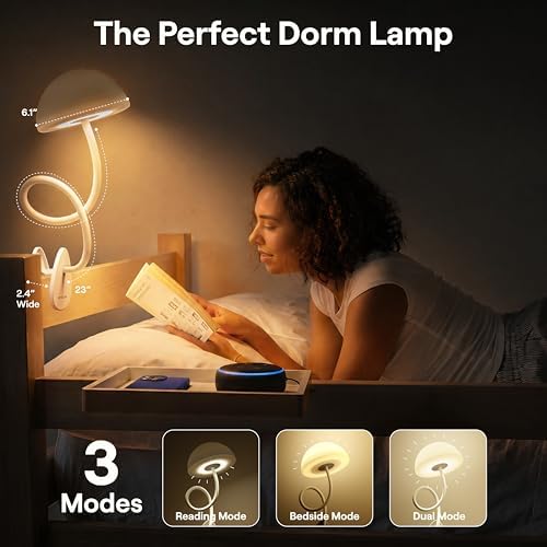 Shroommate Dorm Room Essential Clip On Bed Light - Headboard and Bedside Table Lamp, Flexible Reading Lamp, Night Light for Kids Nursery, Clip on for Desk, MultiColor LEDs, Adapter Included (White)