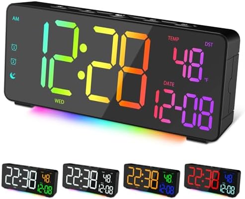 Digital Alarm Clocks for Bedrooms, RGB Desk Clock with 15 Color Display, Date Temperature and Weekday, DST, Snooze, 2 Alarms, Ambient Lighting for Living Room, Bedside Office Gaming Desk Decor
