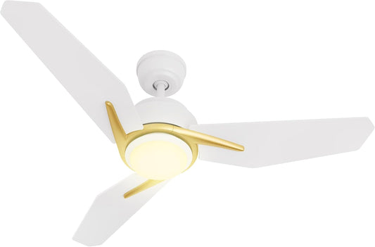 SMAAIR Ceiling Fans with Lights, 3 White Blades Low Profile Ceiling Fan with Remote 44 Inch Downrod Ceiling Fan 10-Speed Noiseless Reversible BLDC Motor, White and Gold, ETL Listed