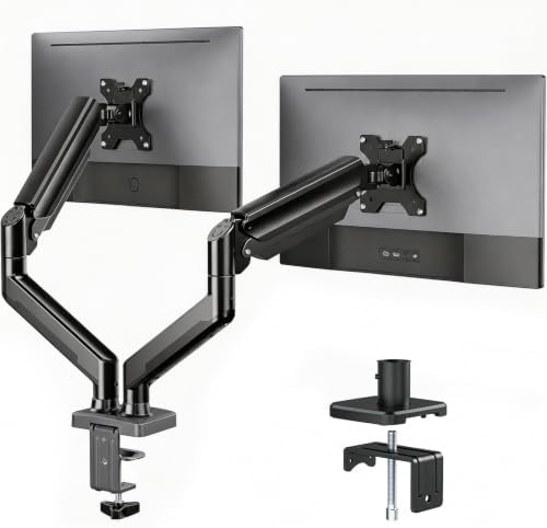 Dual Monitor Arm, Gas Spring VESA Mount Stand for 13‑32 Inch Computer Screens, Full Motion Fully Adjustable with C‑Clamp & Grommet Mounting Base, Each Arm Holds 4.4‑19.8 lbs