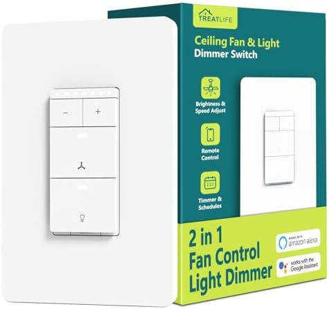Smart Ceiling Fan Control and Dimmer Light Switch, Neutral Wire Needed, TREATLIFE 2.4Ghz Single Pole Wi-Fi Fan and Light Switch Combo, Works with Alexa, Google Home and SmartThings, Remote Control